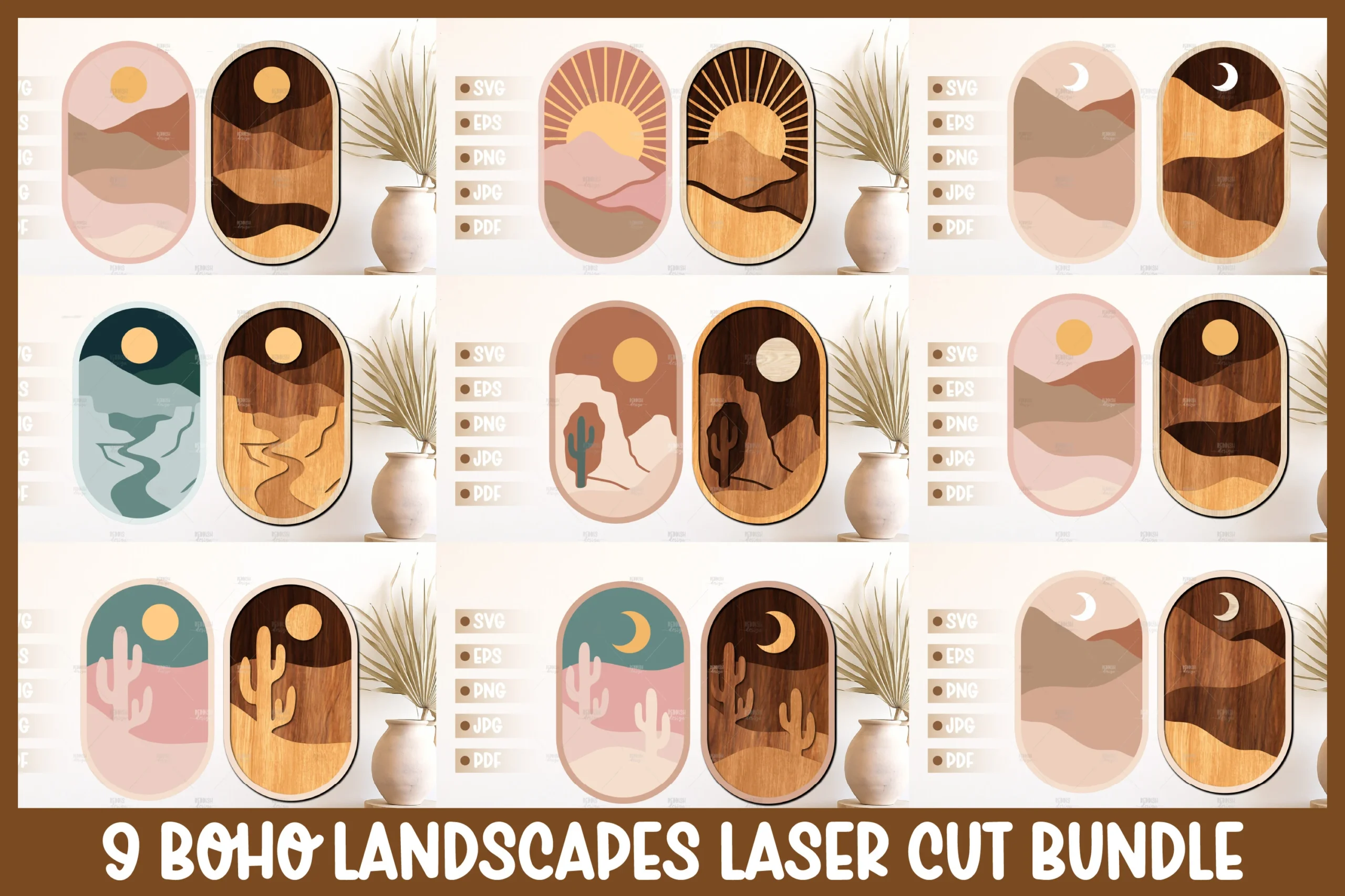 9 Boho Landscape Laser Cut Wall Art SVG featuring landscapes and mountains