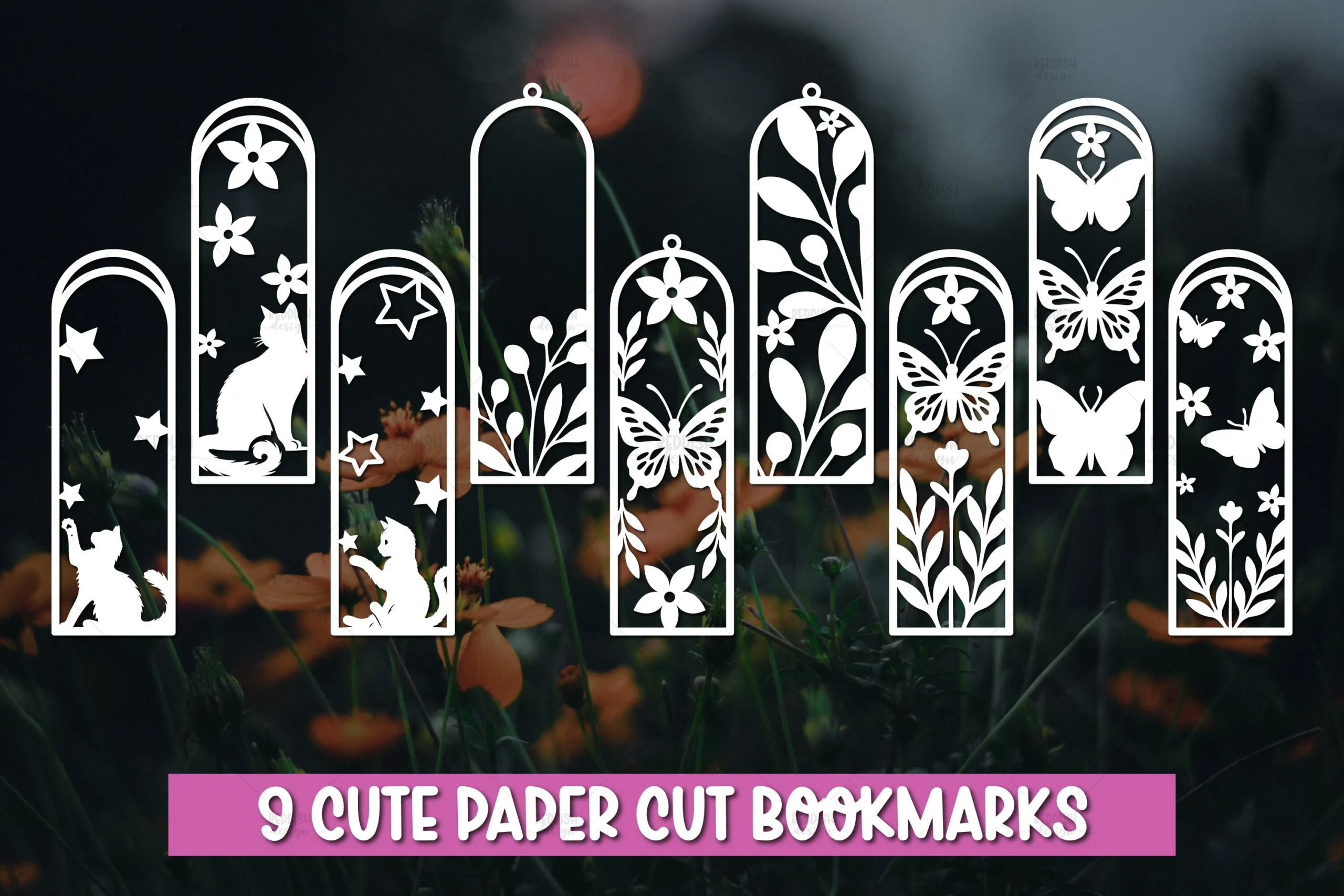 9 Laser Cut Bookmark SVG Bundle featuring cats and butterflies