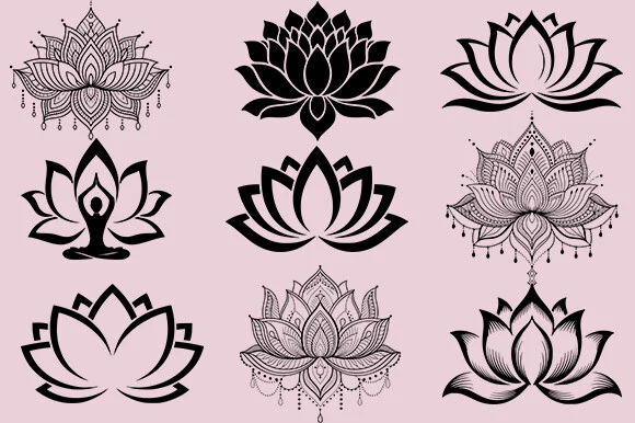 9 Lotus Flower SVG Bundle , Hinduism Svg featuring lotus flower and mandala-inspired detailing