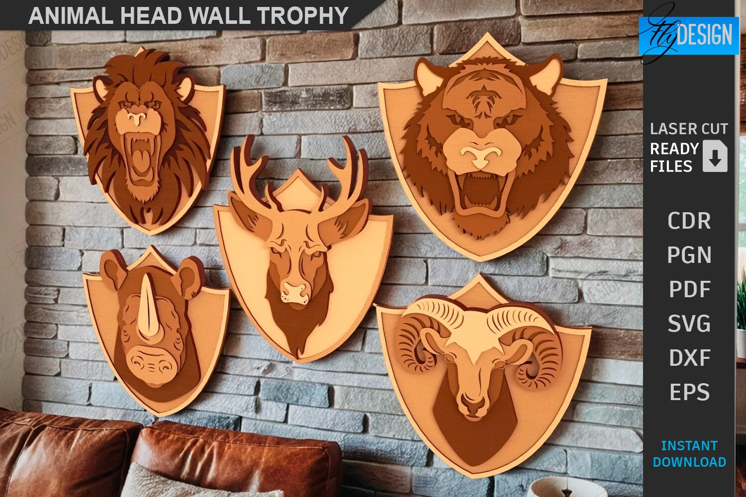 Animals Head Wall Trophy Laser Cut Set featuring lion and tiger
