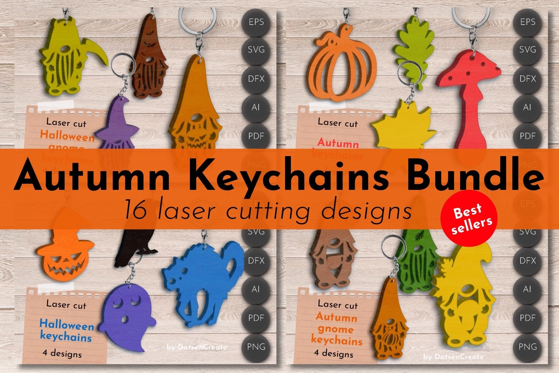 Autumn Keychains Laser Cut Files, Gnomes featuring Halloween-themed characters and Autumn-themed icons