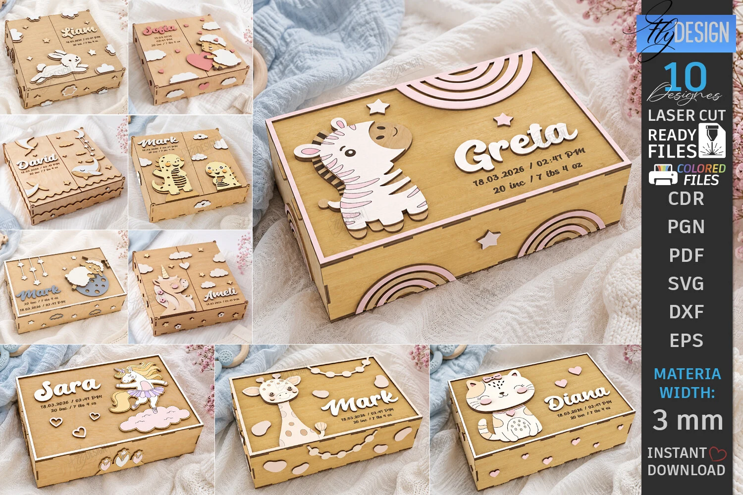 Baby Memory Boxes Laser Cut Bundle | CNC featuring baby keepsake boxes and animals