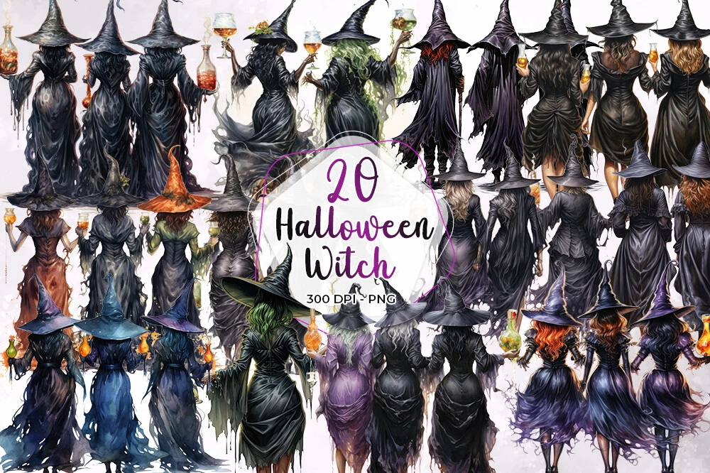 Back View Halloween Witch Clipart featuring witches and potions