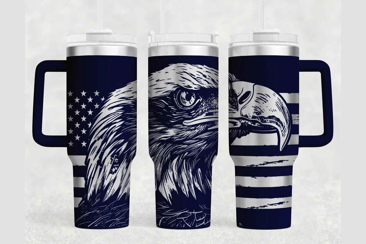 Bald Eagle 40oz Laser Tumbler Wrap SVG featuring bald eagle and American flag