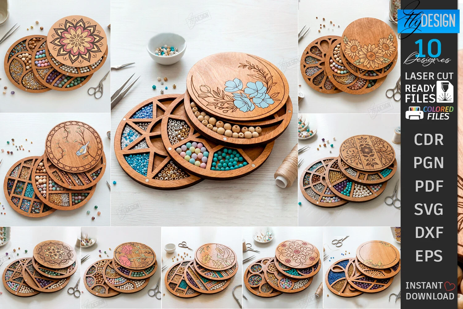 Bead Organizer Boxes Laser Cut Bundle featuring round bead organizer trays and segmented storage containers