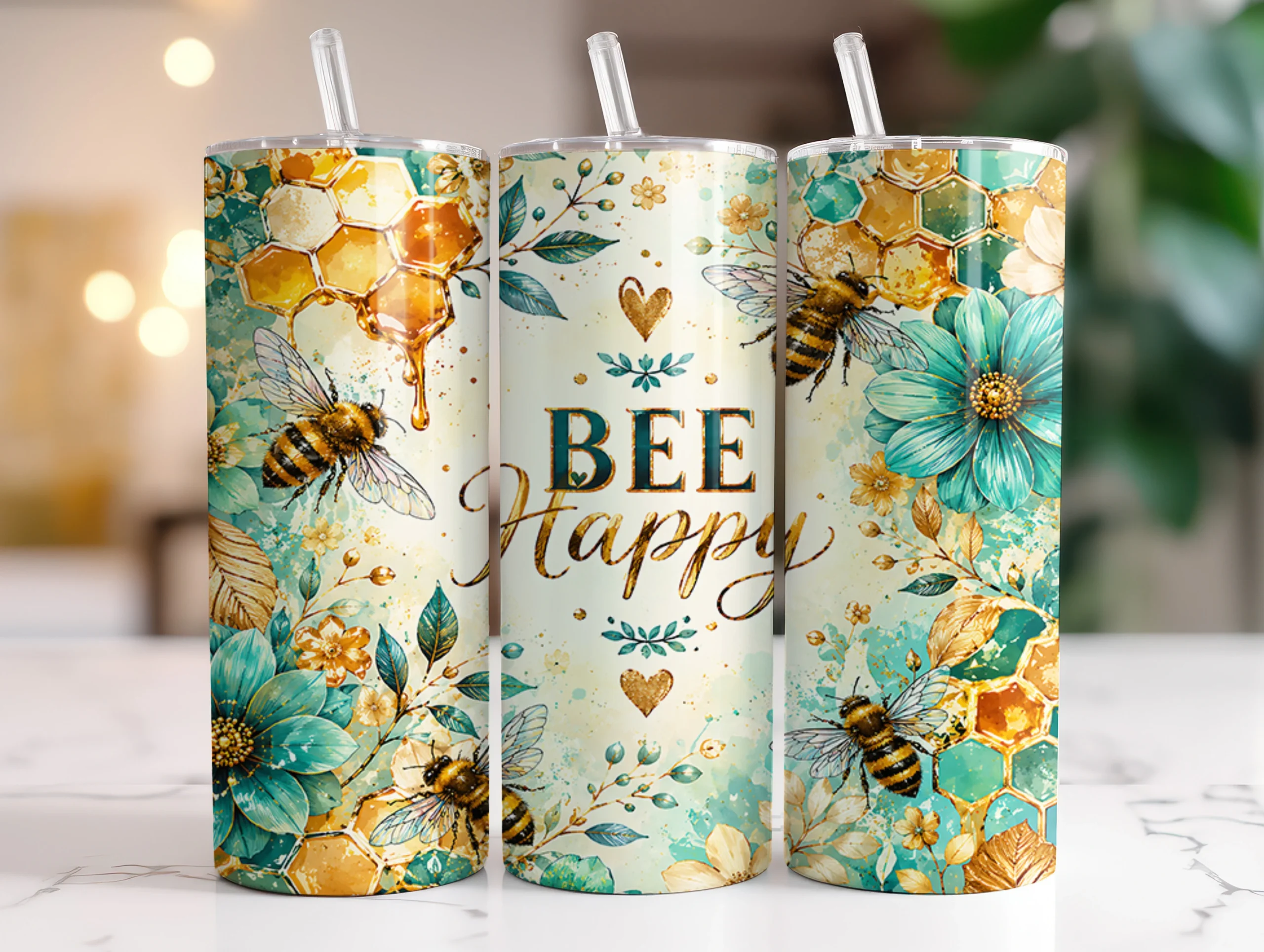 Bee Happy Floral 20oz Tumbler Wraps PNG featuring honey bees and honeycomb