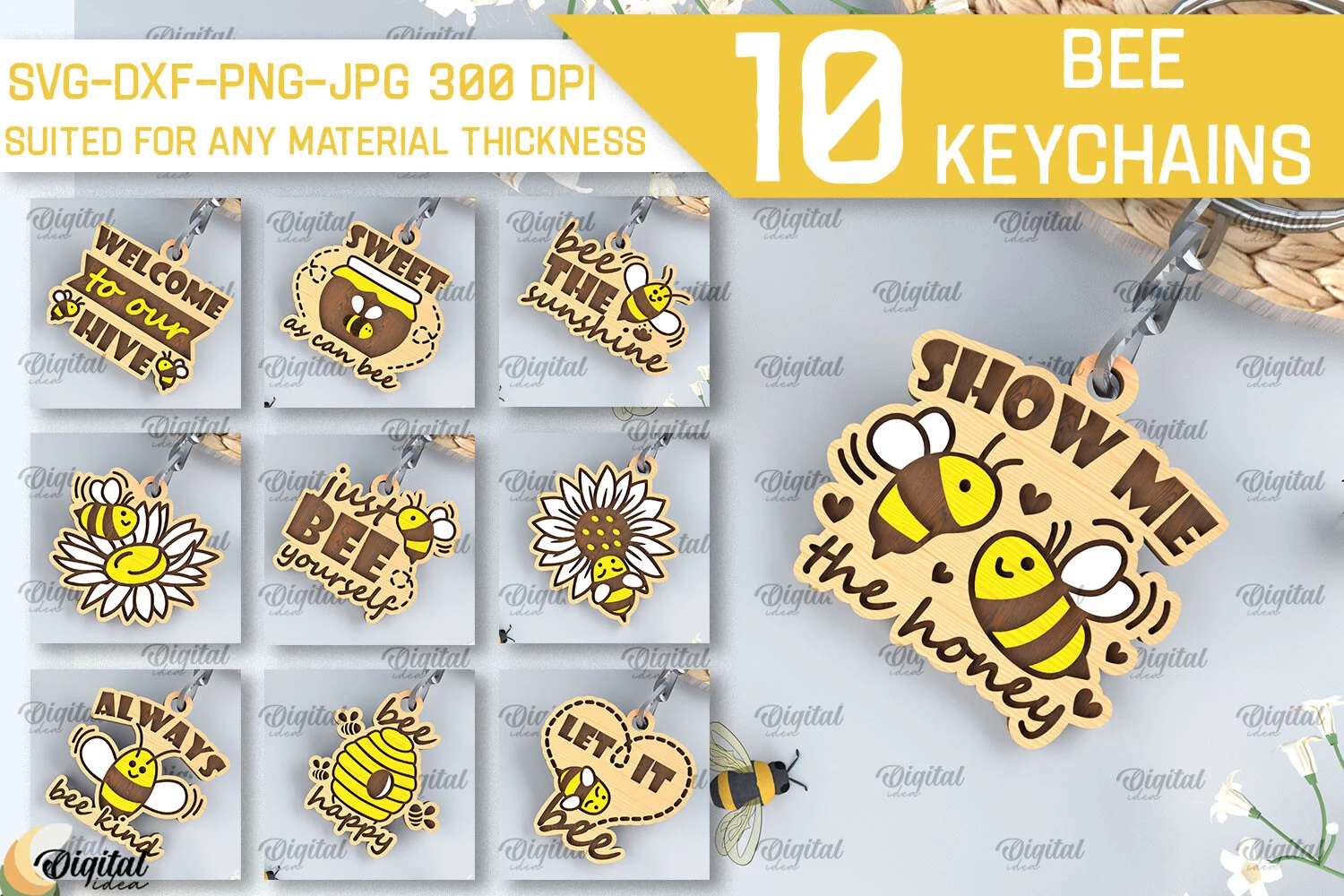 Bee Keychains Laser Cut Bundle preview showing laser-cut design with silhouette