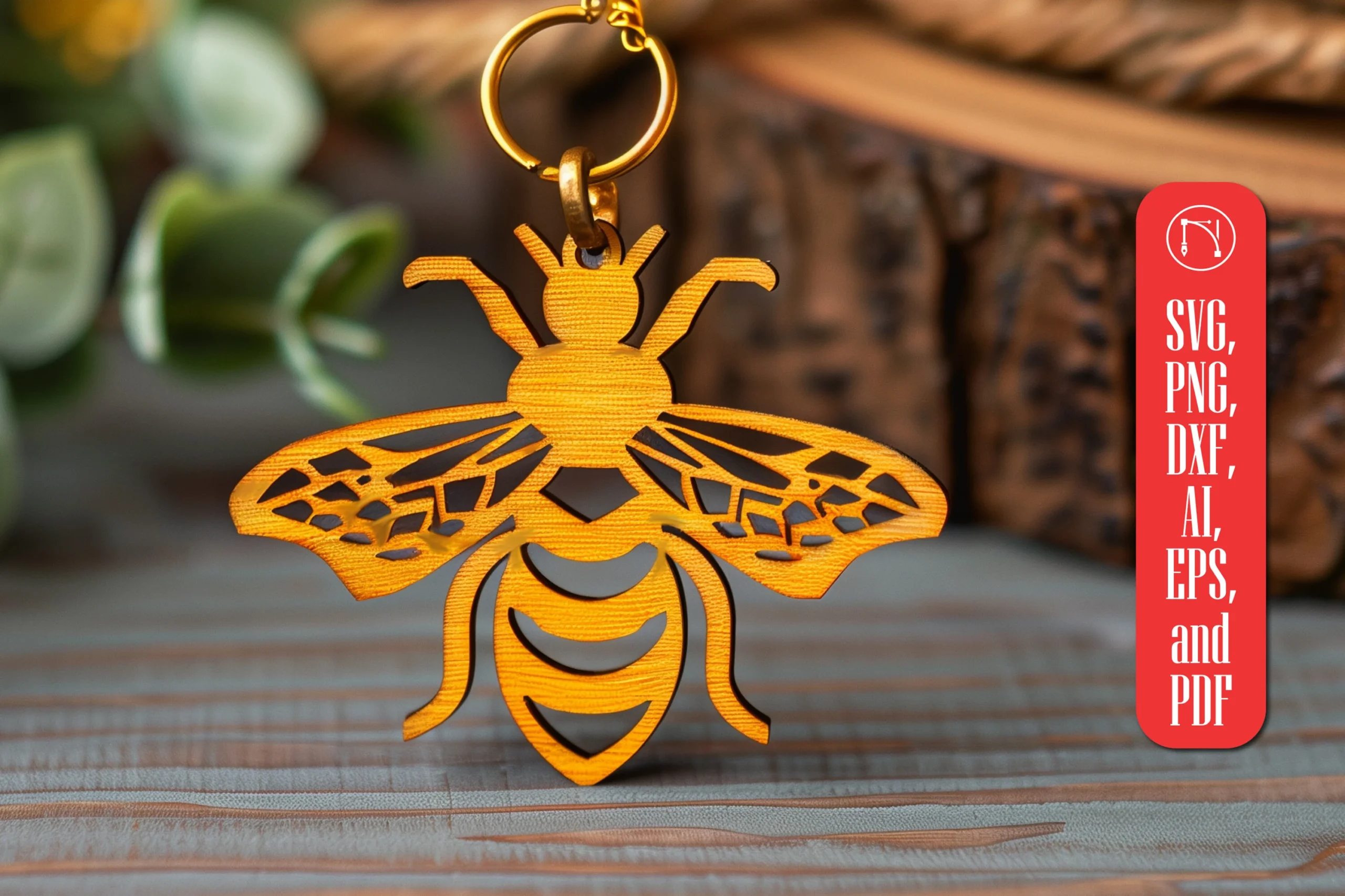 Bee Keychains Laser Cut SVG Design preview showing laser-cut design with silhouette