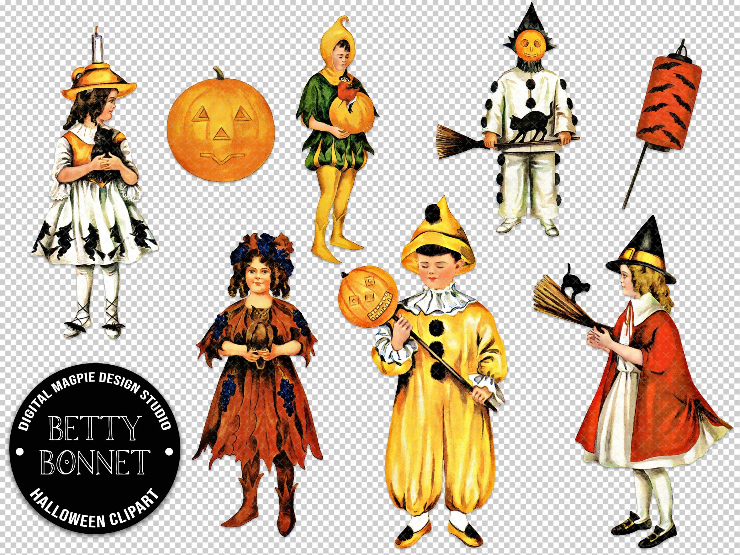 Betty Bonnet Vintage Halloween Clipart preview showing Halloween motifs with period-inspired styling