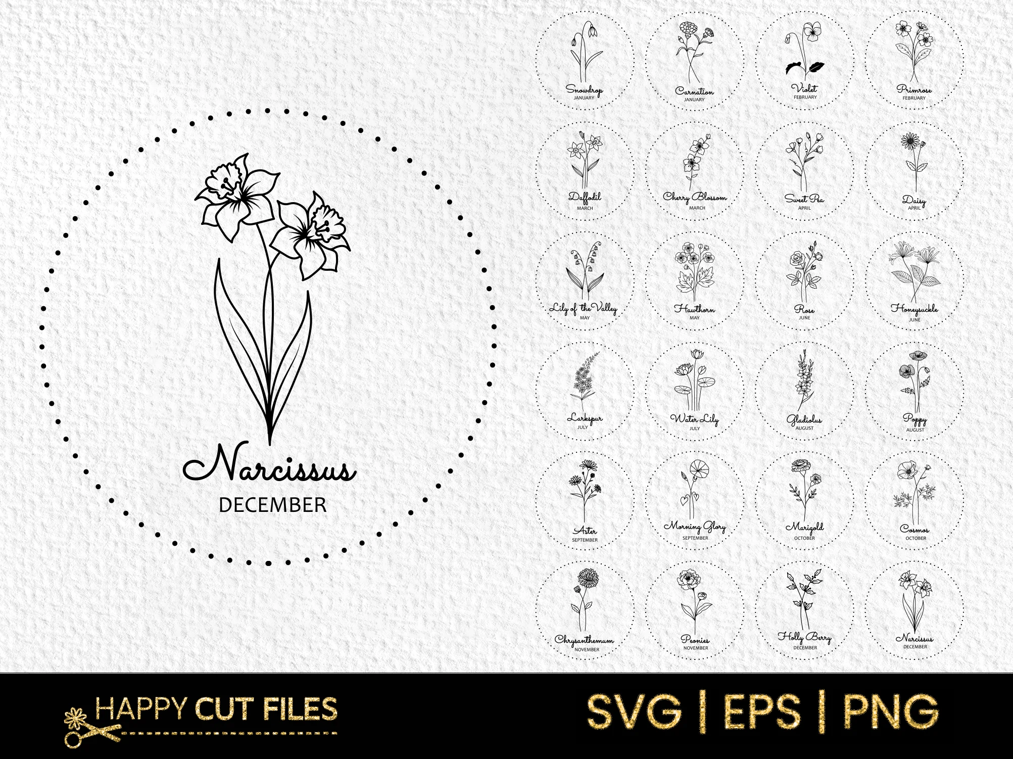 Birth Flower Svg Bundle Floral Clipart featuring botanical illustrations and flowers