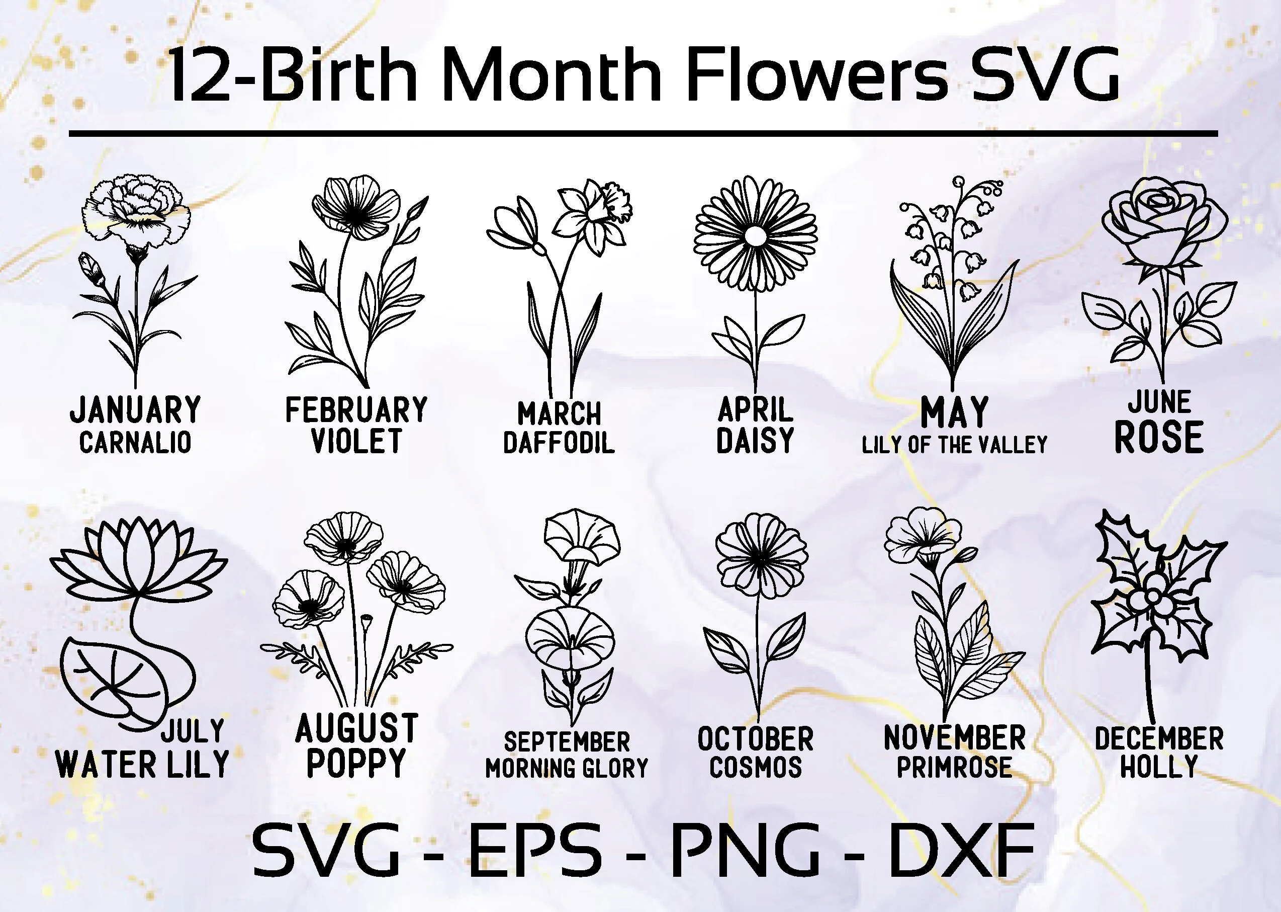 Birth Month Flower Svg Bundle Clipart featuring carnation and violet
