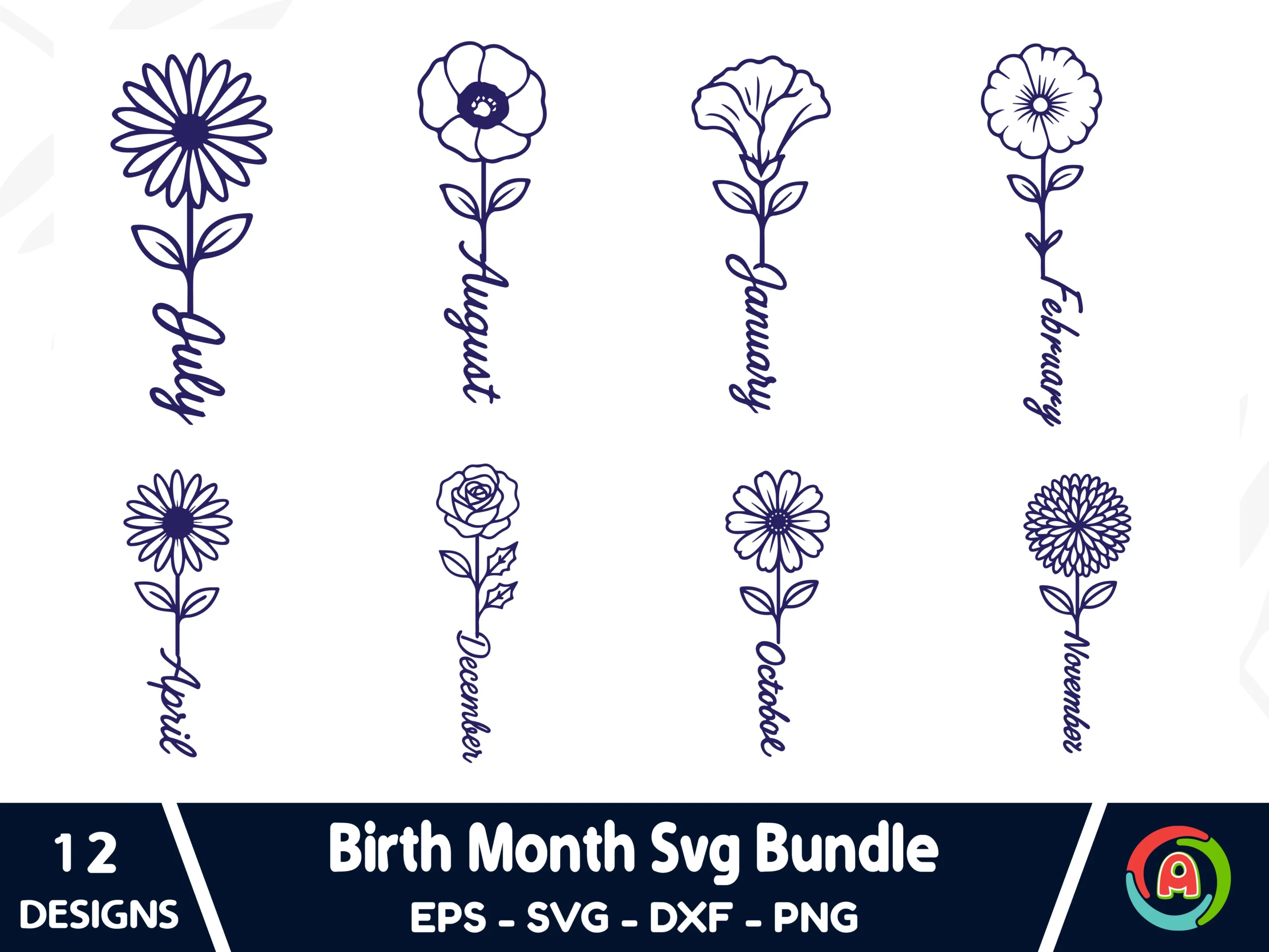 Birth Month Flower Svg Bundle featuring flowers and botanical stems