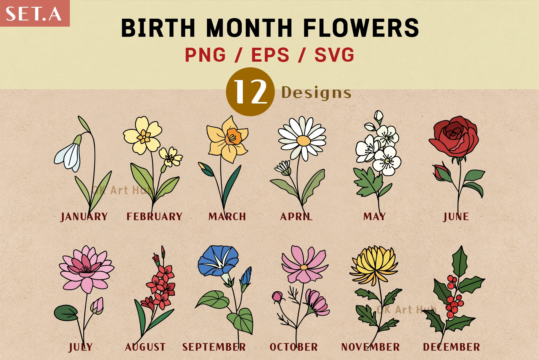 Birth Month Flower Svg Clip Art featuring snowdrop and violet