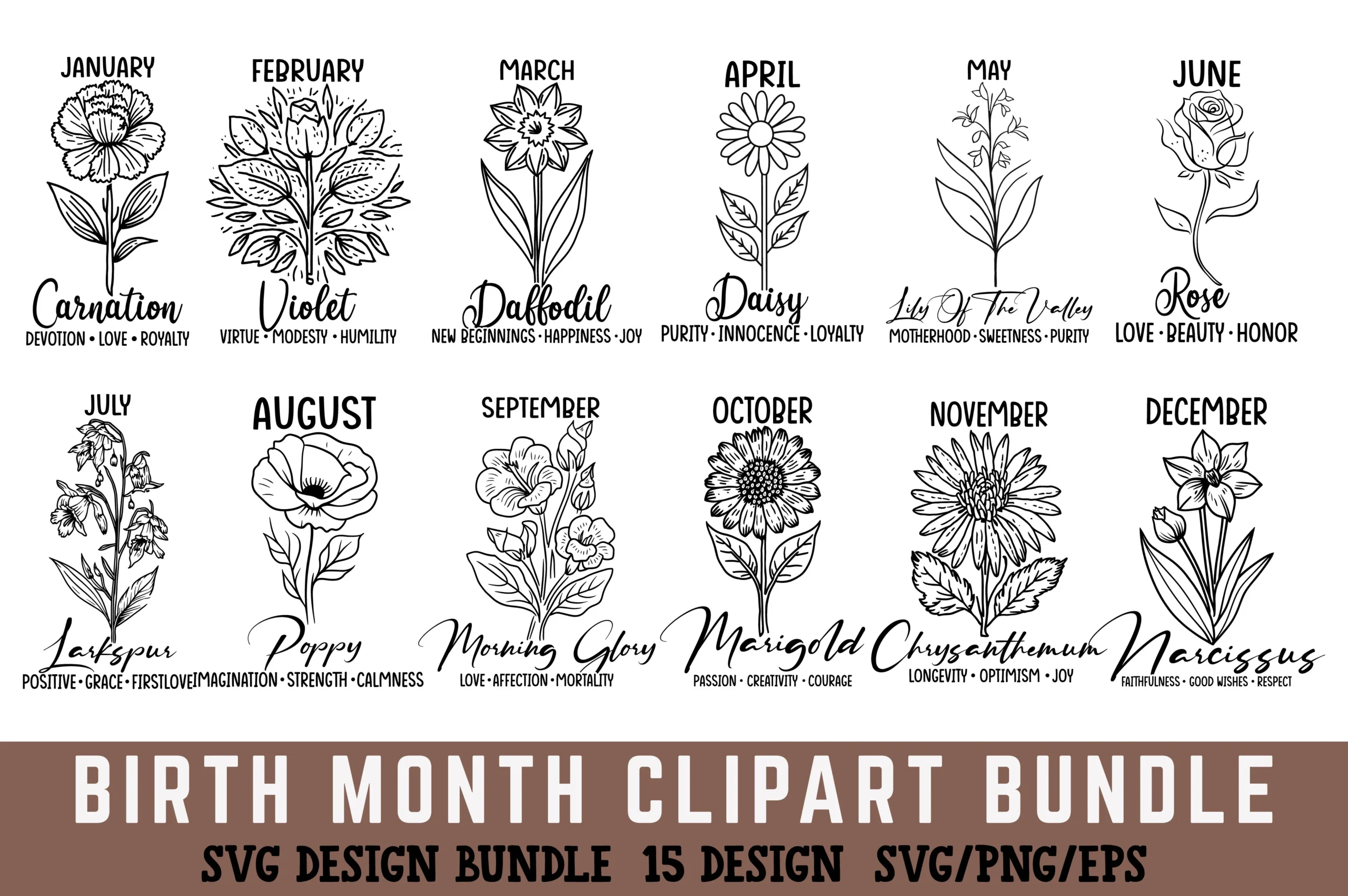 Birth Month Flower SVG Clipart Bundle featuring flowers and botanical illustrations