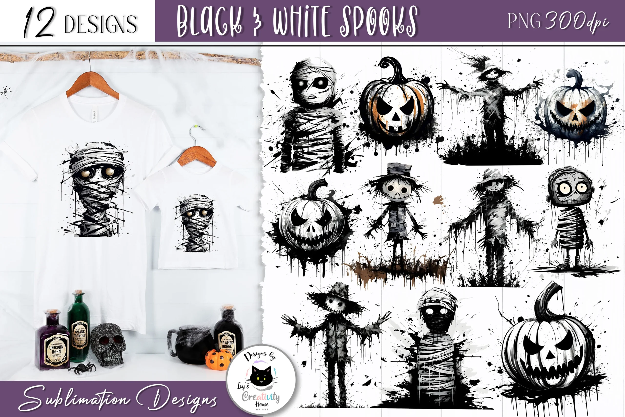 Black and White Halloween Clipart featuring mummies and jack-o'-lanterns