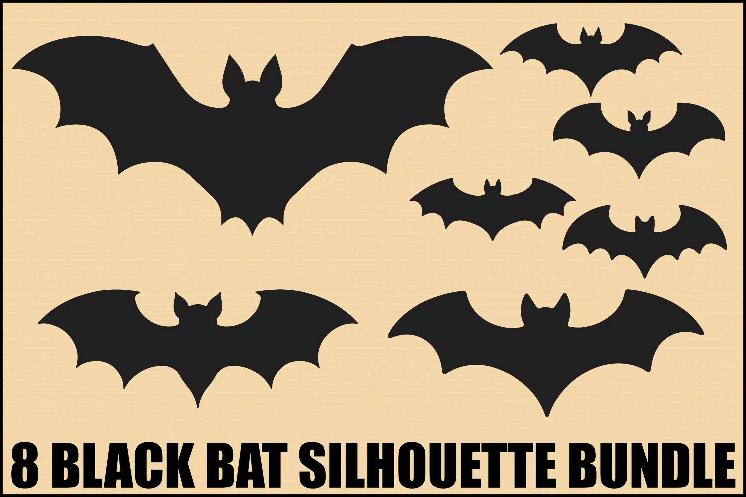 8 BLACK BAT SILHOUETTE BUNDLE displays seven individual black bat silhouettes in different wing configurations and sizes, arranged on a light tan background.