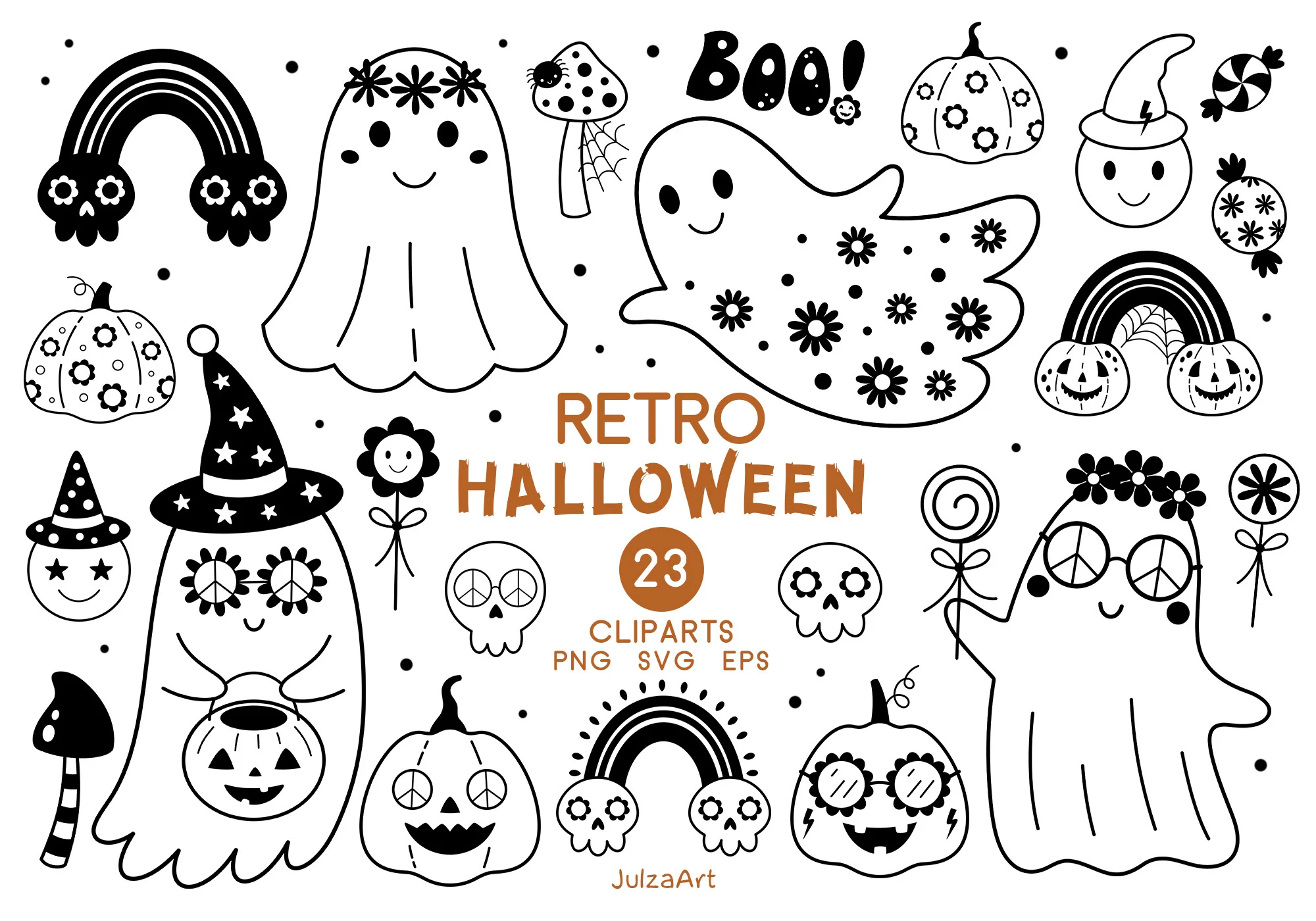 Black Groovy Retro Halloween Clipart featuring ghosts and pumpkins