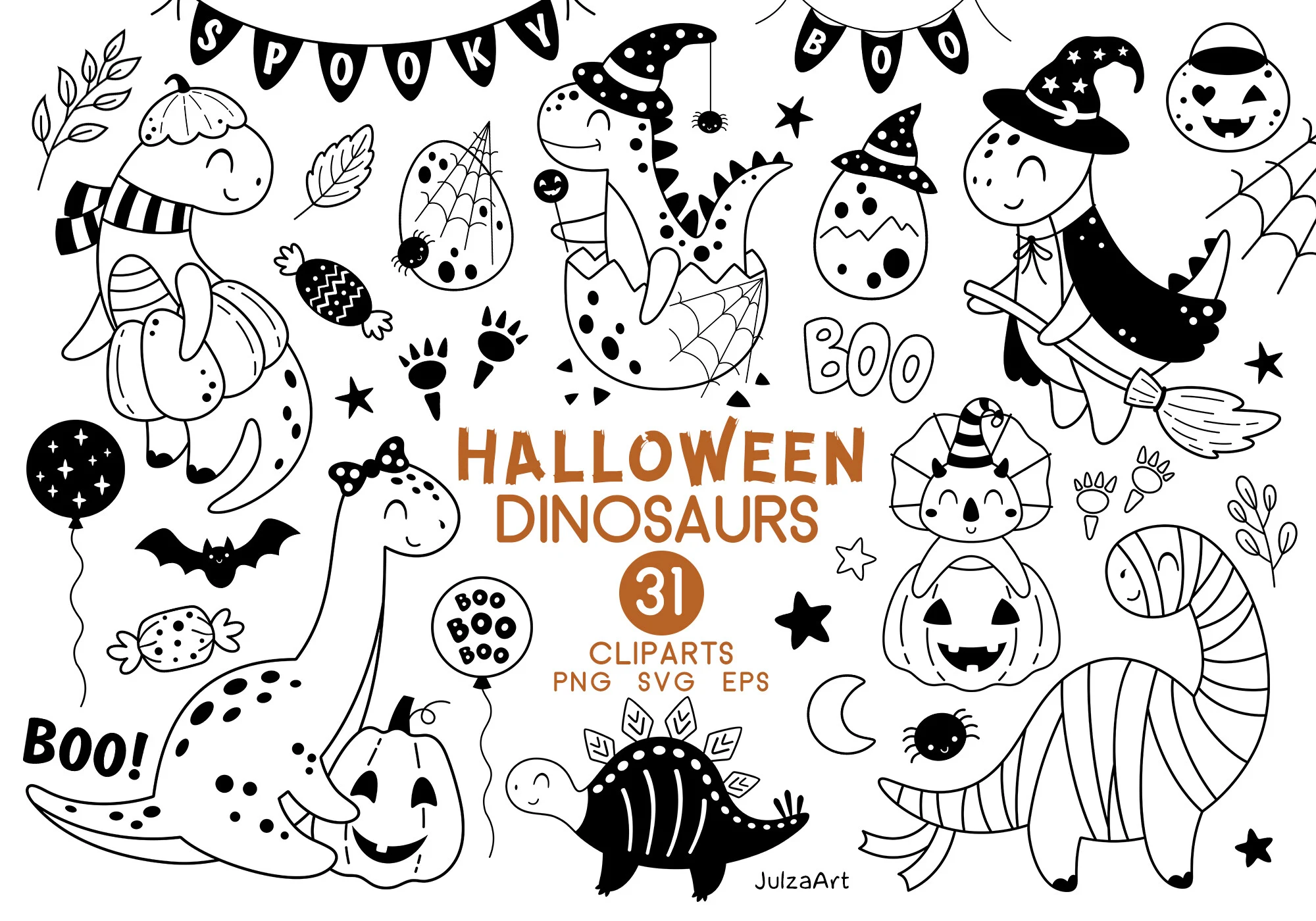 Black Halloween Dinosaur Clipart featuring dinosaurs and pumpkins