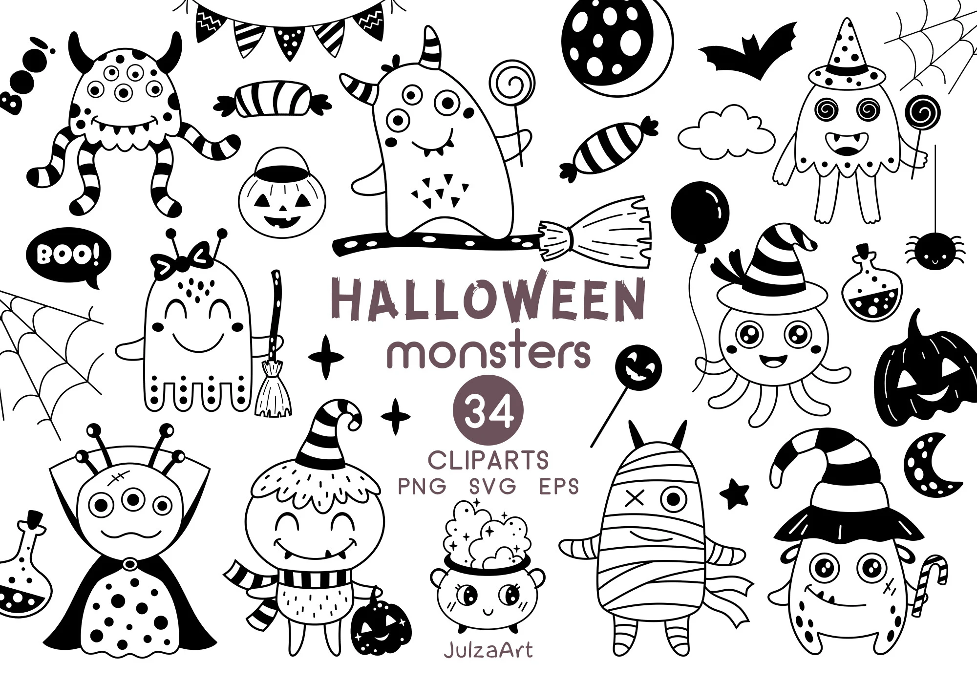 Black Halloween Monsters Clipart featuring monsters and pumpkins
