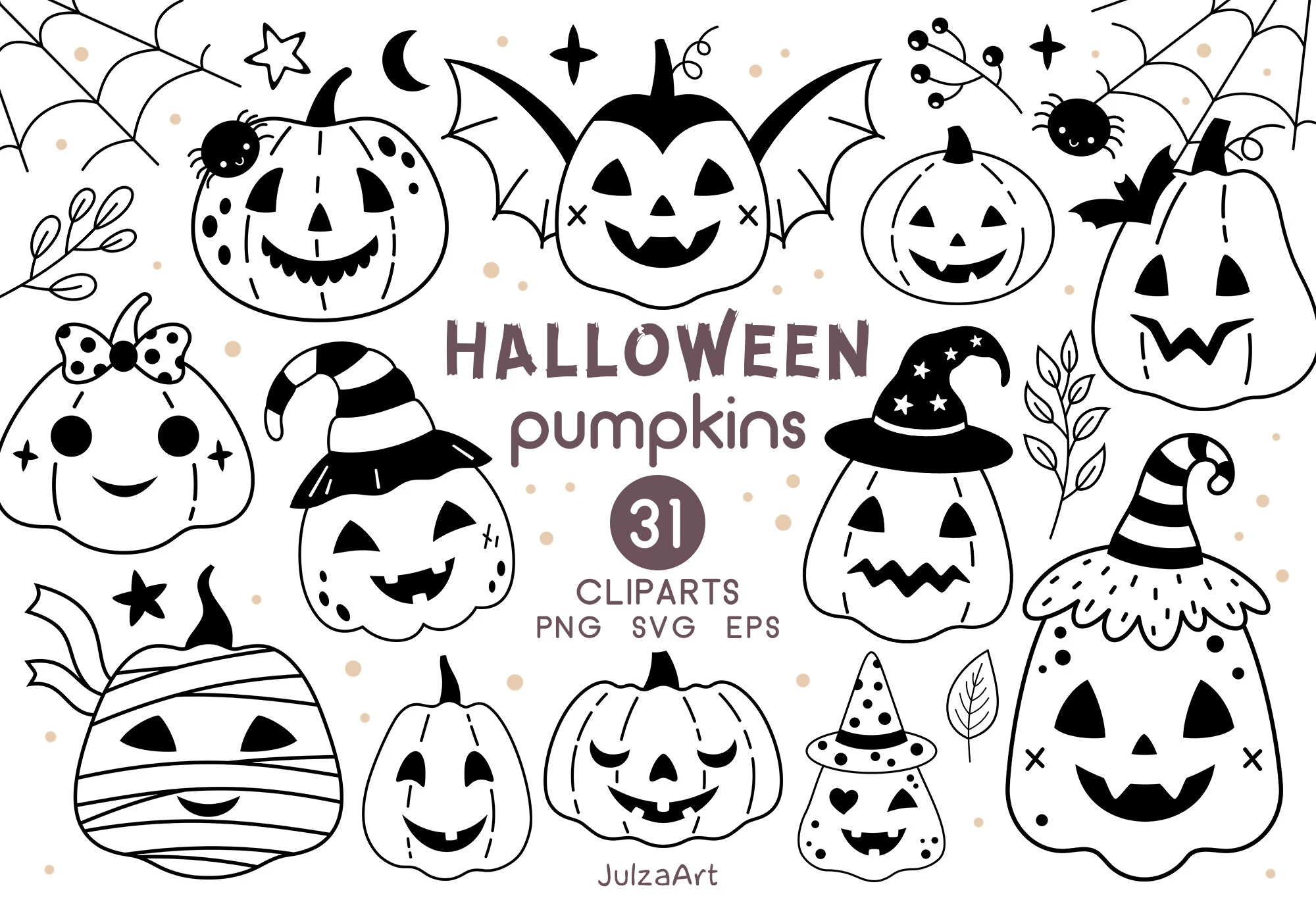 Black Halloween Pumpkin Clipart featuring Halloween pumpkins and spider webs