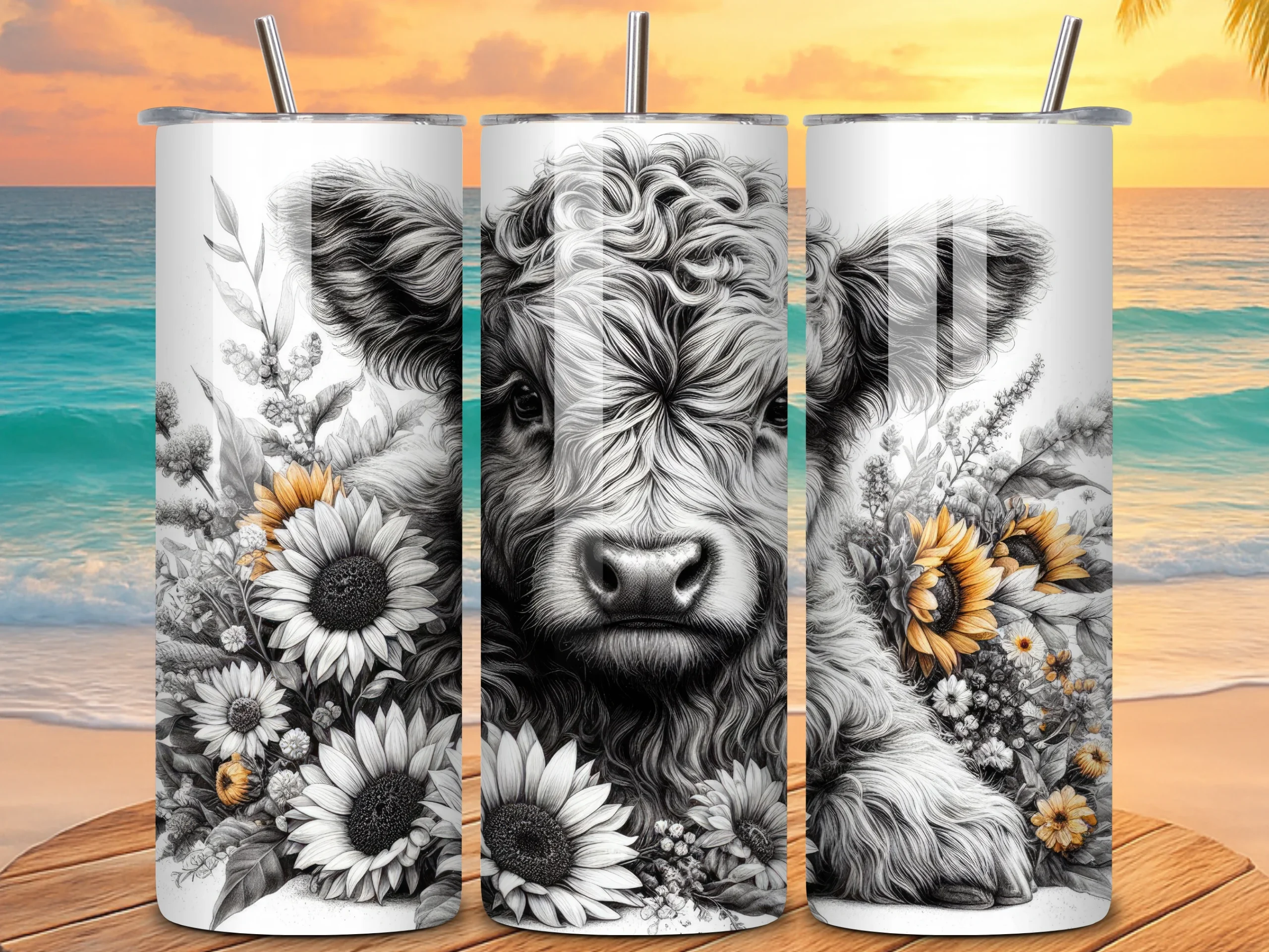 Black & White Highland Cow Tumbler Wraps featuring Highland cow and sunflowers