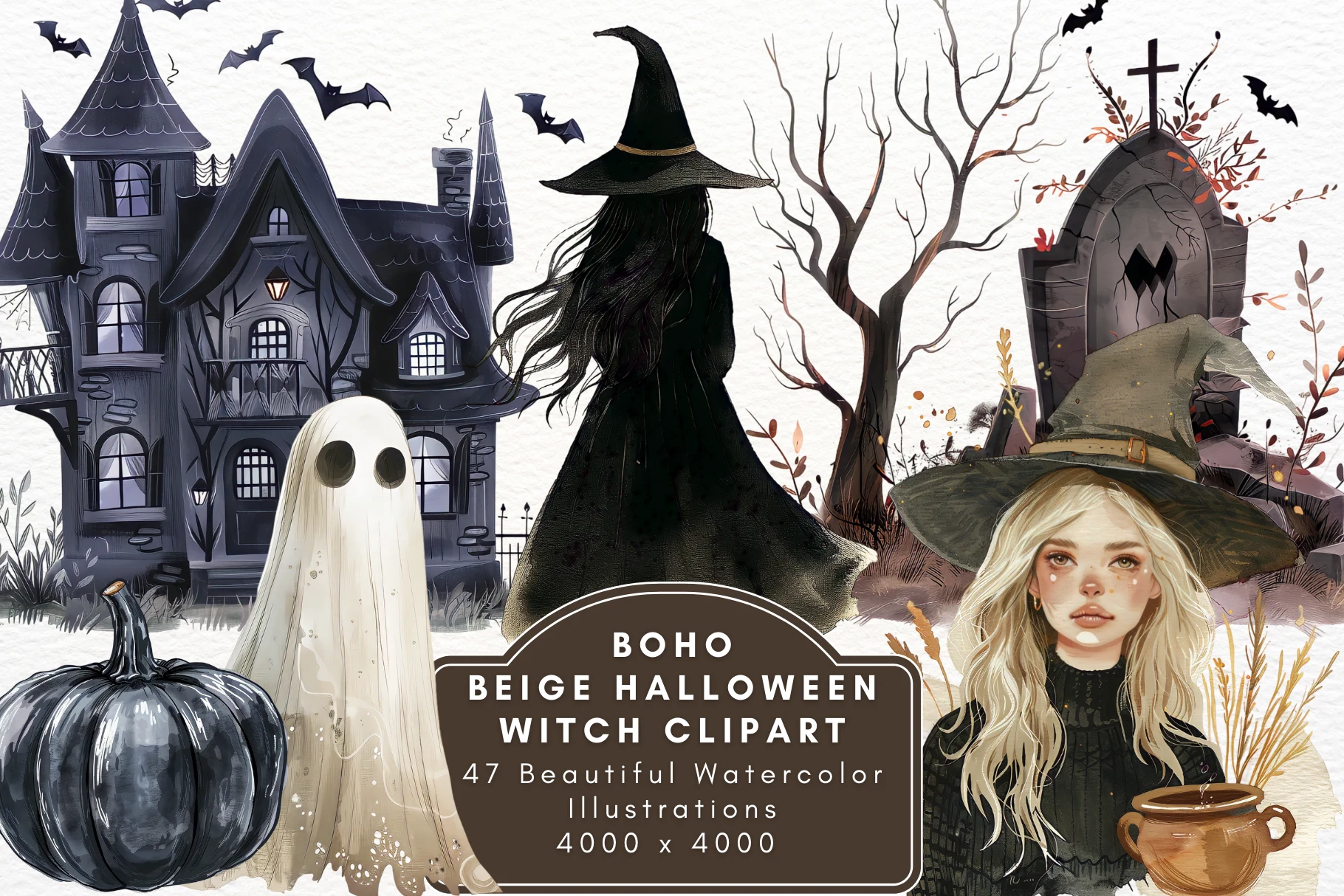 BOHO BEIGE HALLOWEEN WITCH CLIPART features a collection of watercolor illustrations including a spooky mansion, a witch in a pointed hat, a floating ghost, a black pumpkin, and a graveyard scene set against a white background.