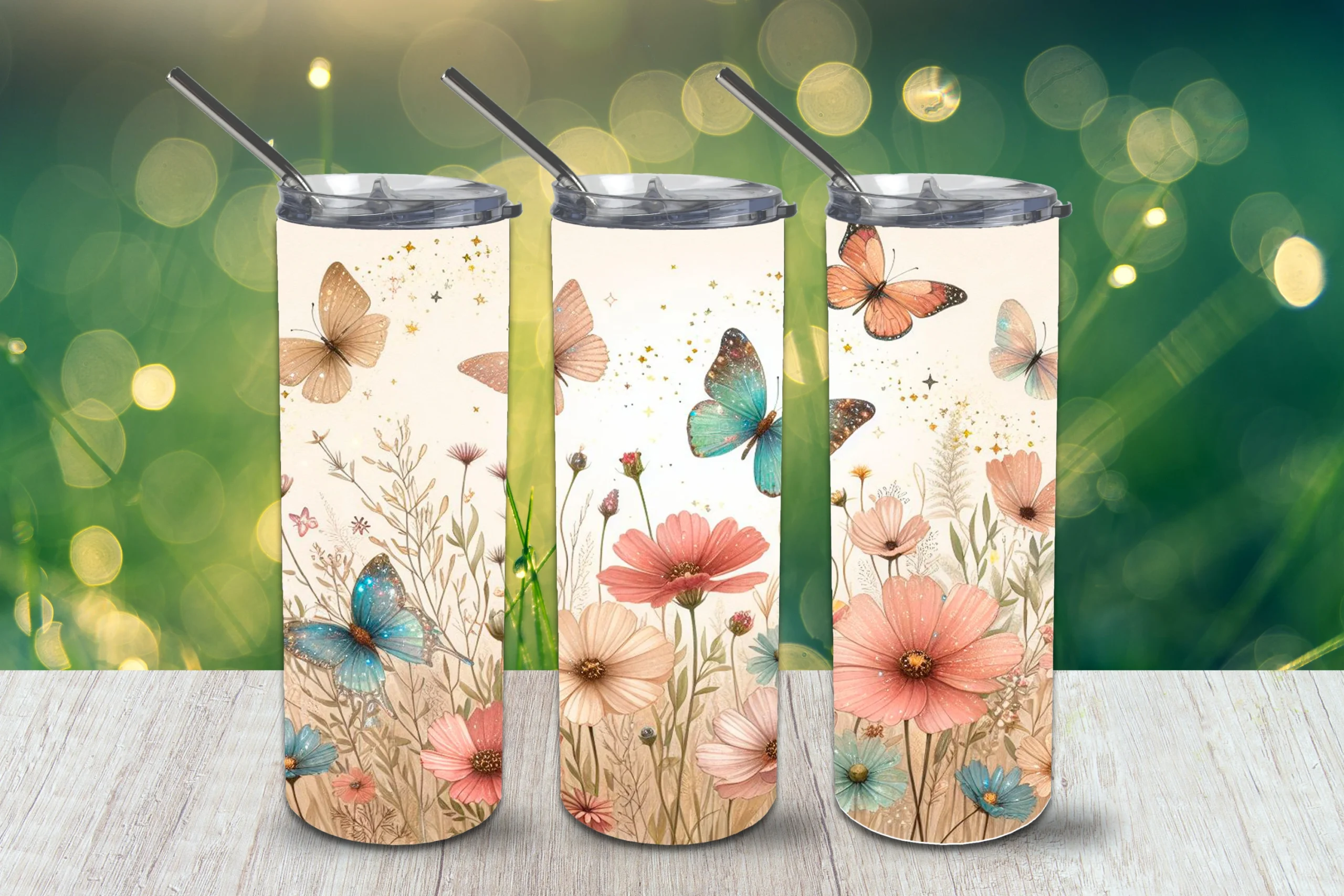 Boho Butterfly 20oz Tumbler PNG Boho featuring butterflies and wildflowers
