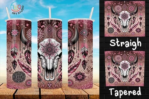 Boho Cow Skull 20 Oz Tumbler,Western PNG featuring bull skull and dreamcatcher