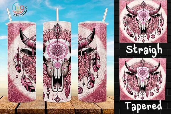 Boho Cow Skull 20 Oz Tumbler,Western PNG preview showing sublimation design with composition