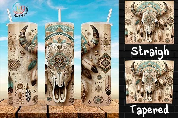 Boho Cow Skull 20 Oz Tumbler,Western PNG featuring bull skull and feathers