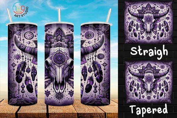 Boho Cow Skull 20 Oz Tumbler,Western PNG featuring bull skull and feathers