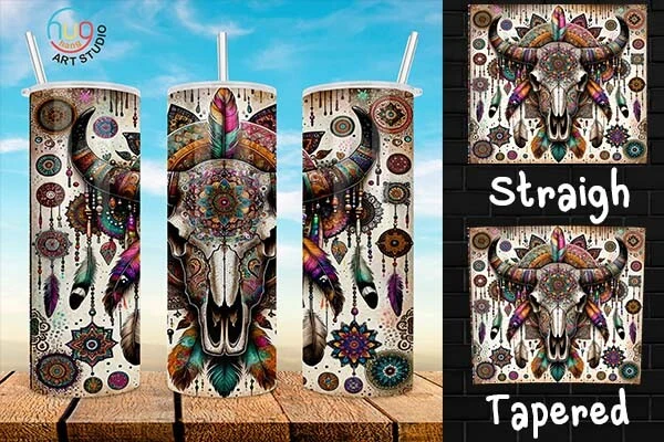 Boho Cow Skull 20 Oz Tumbler,Western PNG featuring bull skull and feathers