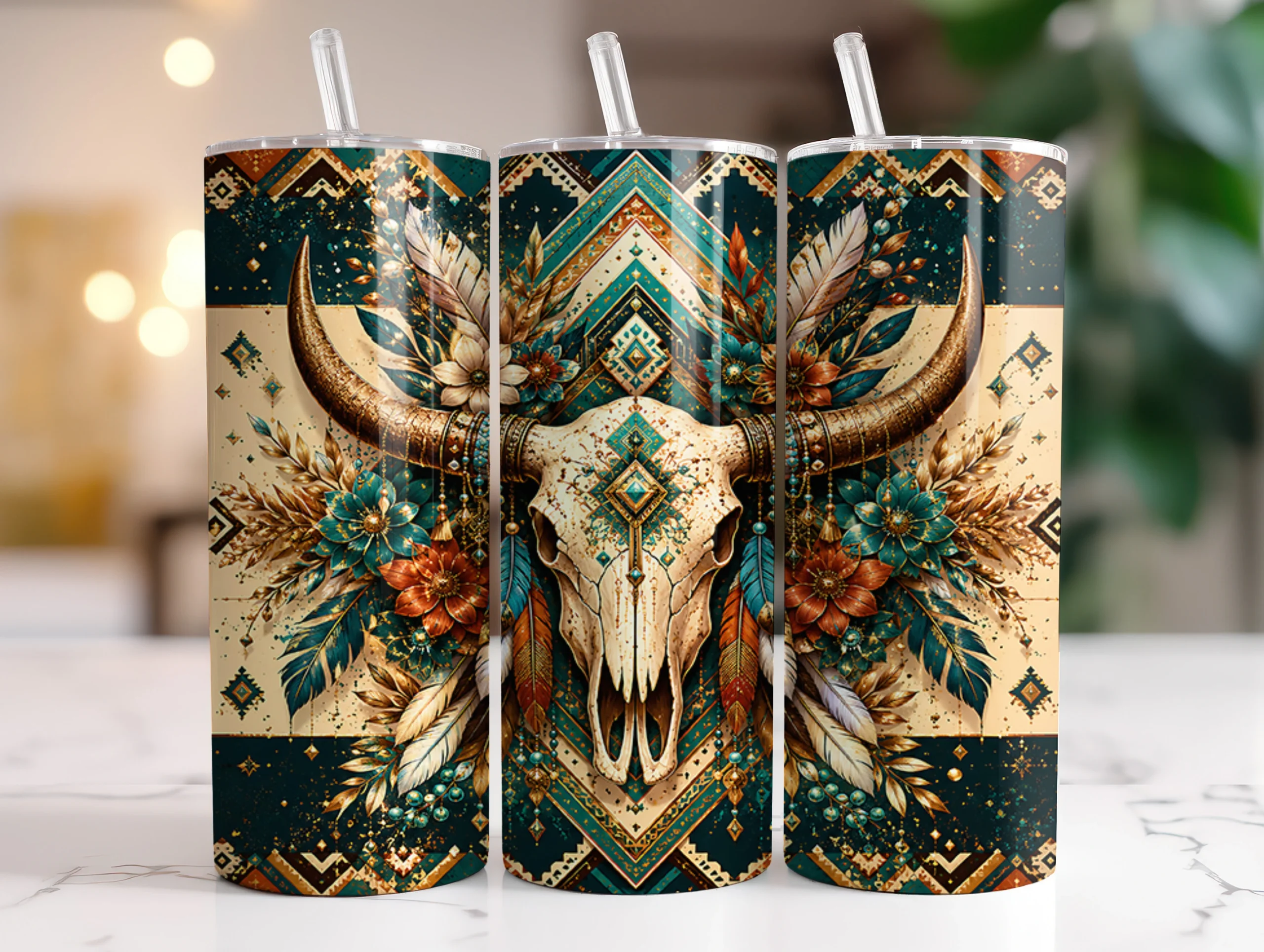 Boho Cow Skull Floral 20oz Tumbler Wraps featuring bull skull and feathers