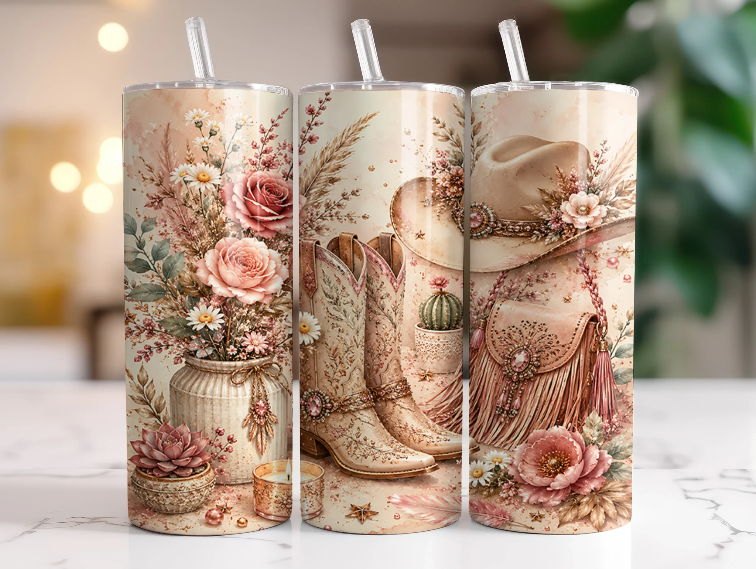 Boho Cowgirl Floral 20oz Tumbler Wraps preview showing botanical motifs with composition