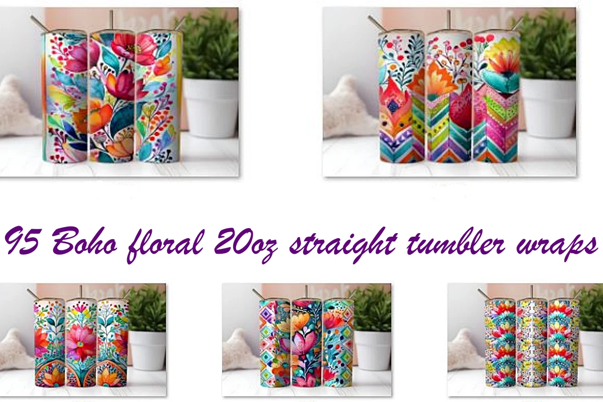 95 Boho floral 20oz straight tumbler wraps displays a collection of colorful digital designs featuring watercolor-style botanical, floral, and geometric patterns intended for tumbler wraps.