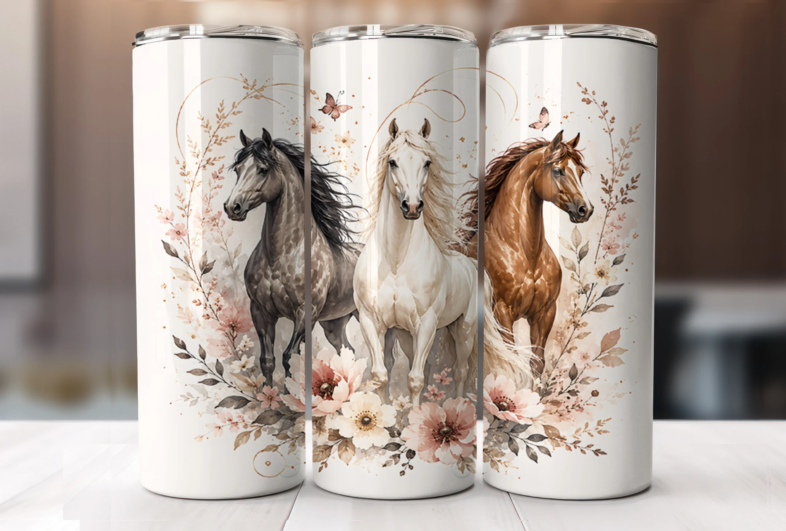 Boho Floral Majestic Horse Tumbler Wrap featuring horses and flowers