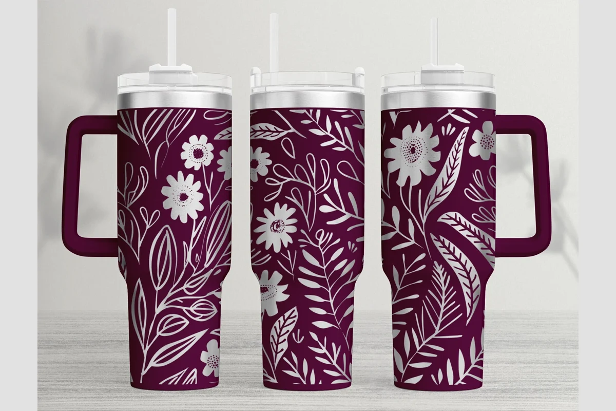 Boho Flower 40oz Laser Tumbler Wrap SVG featuring flowers and leaves