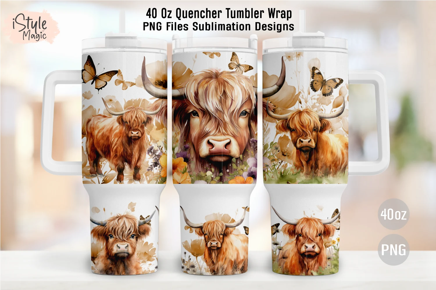 Boho Highland Cow 40oz Tumbler Wrap PNG featuring highland cattle and butterflies