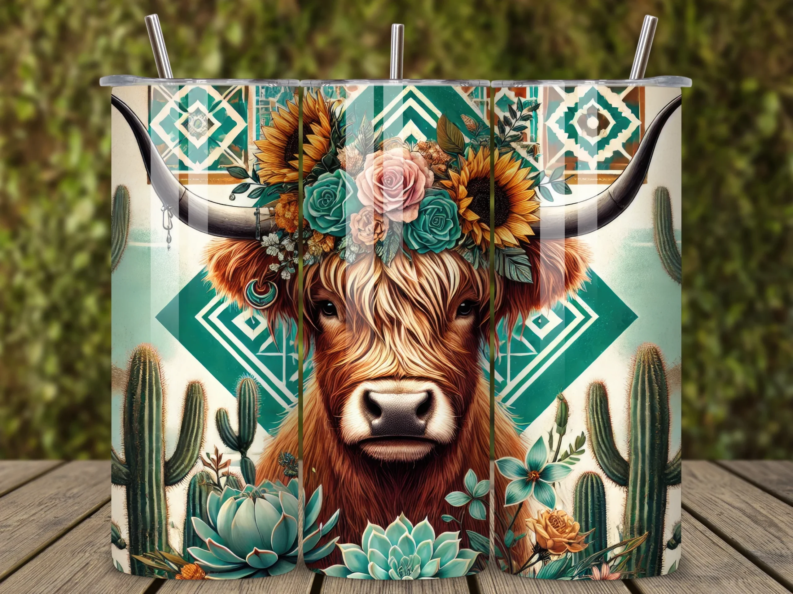 Boho Highland Cow Western Tumbler Wraps featuring Highland cow and sunflowers