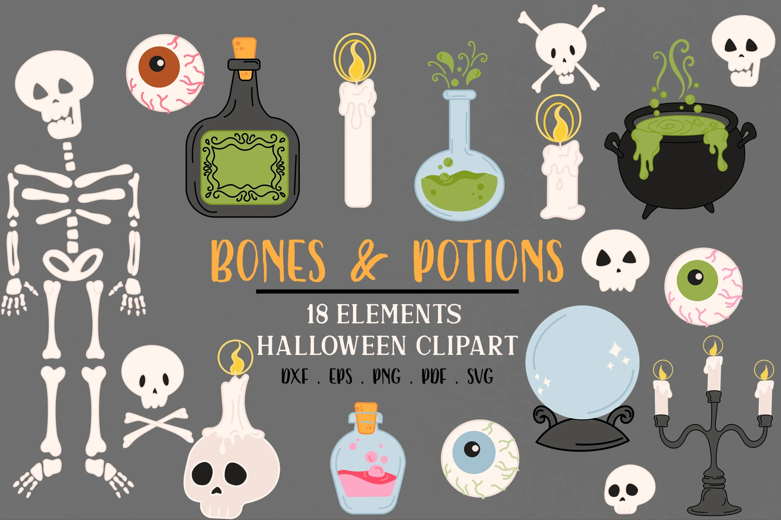 Bones and Potions Cute Halloween Clipart preview showing Halloween motifs with friendly character styling