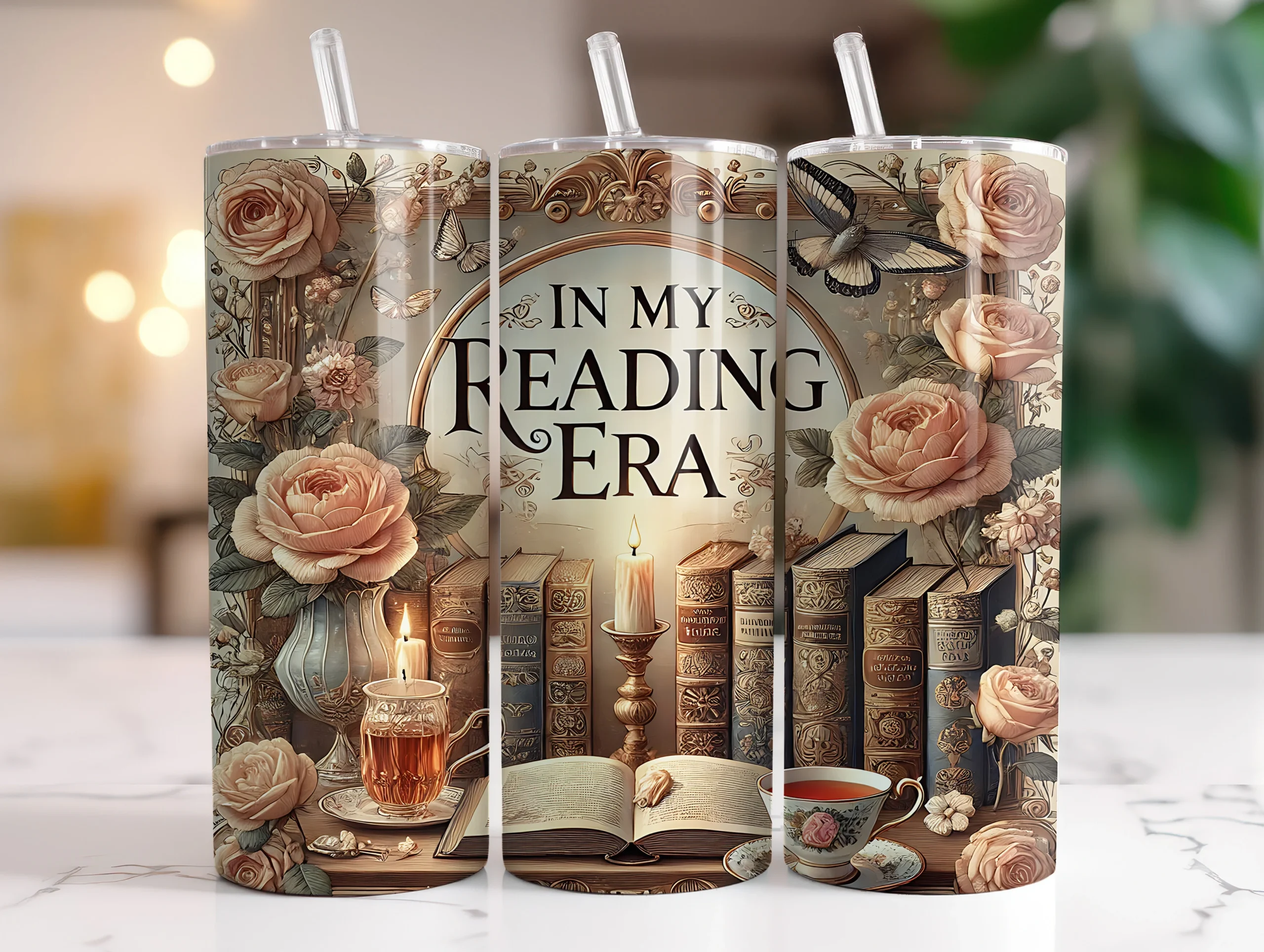 Book Lover 20 Oz Tumbler Wrap Design PNG featuring vintage books and roses