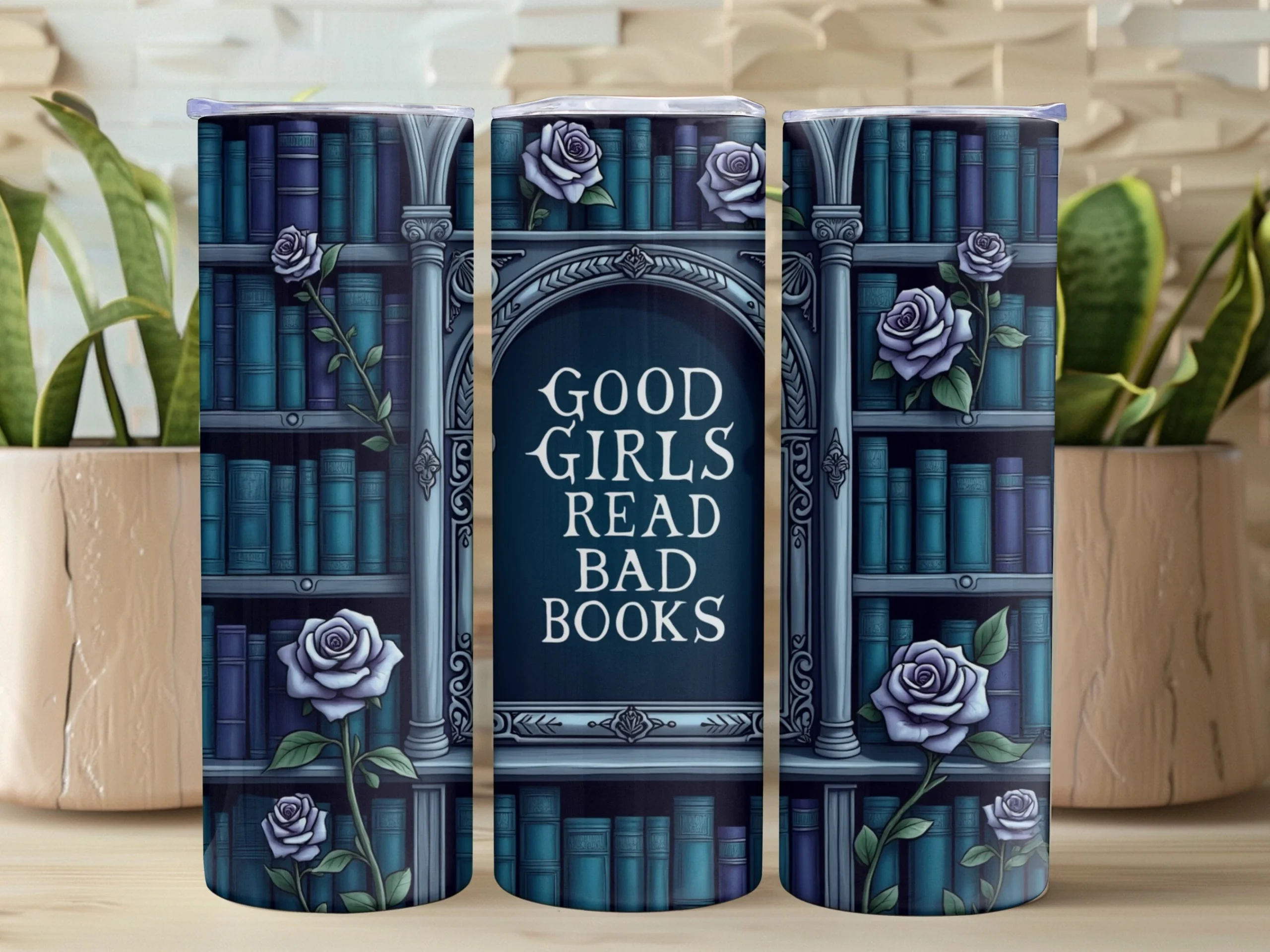 Book Lover 20oz Tumbler Wrap Reader PNG featuring bookshelf and roses