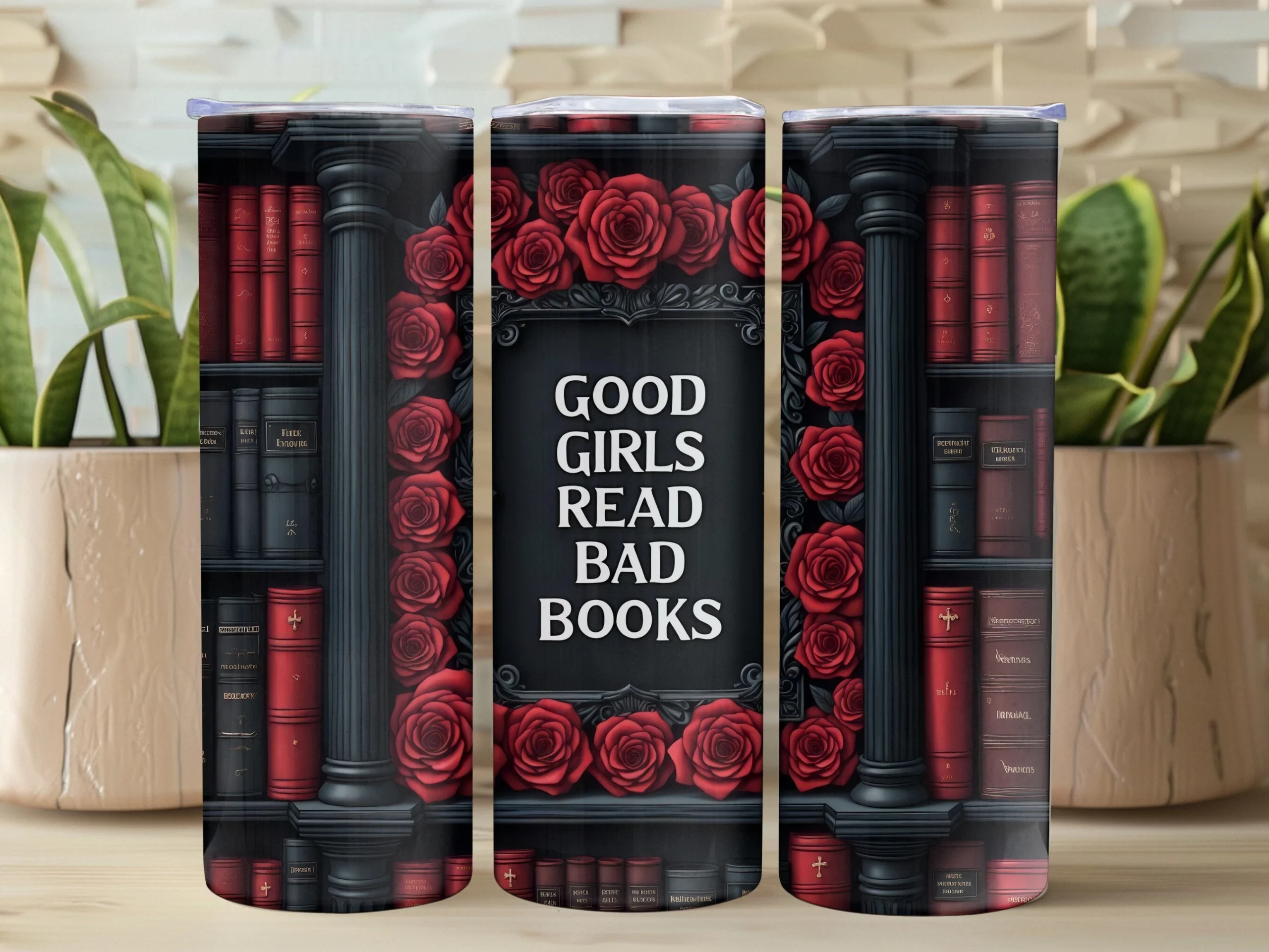 Book Lover Gothic 20oz Tumbler Wrap PNG preview showing sublimation design with composition