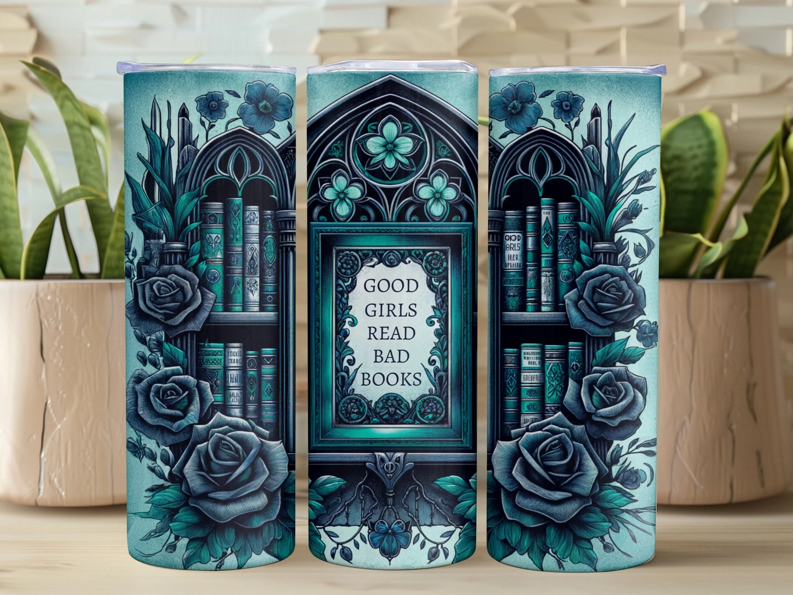 Book Lover Gothic 20oz Tumbler Wrap PNG featuring gothic bookshelf and roses