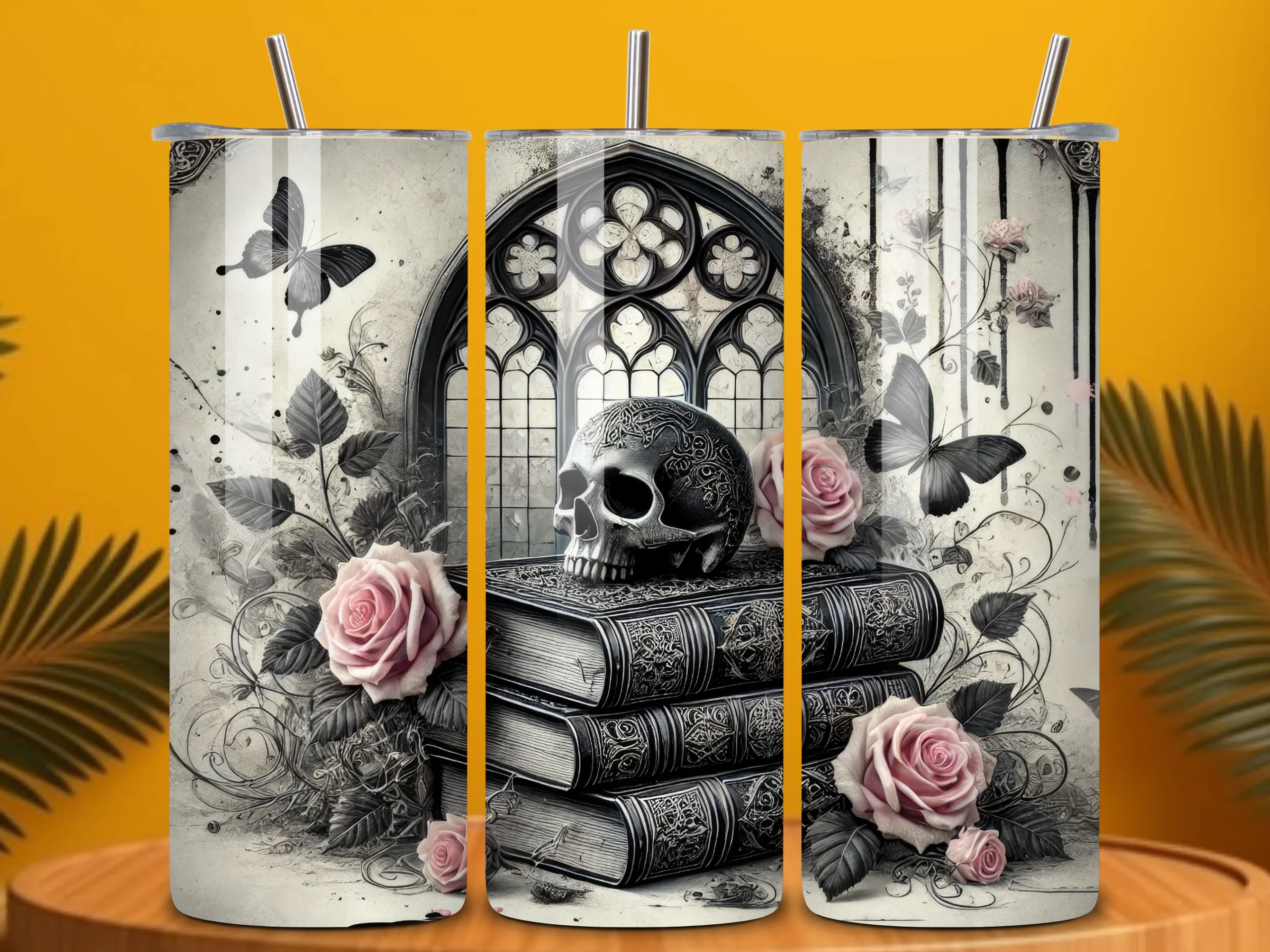 Book Lover Gothic Skull & Roses Tumbler featuring skull and vintage books