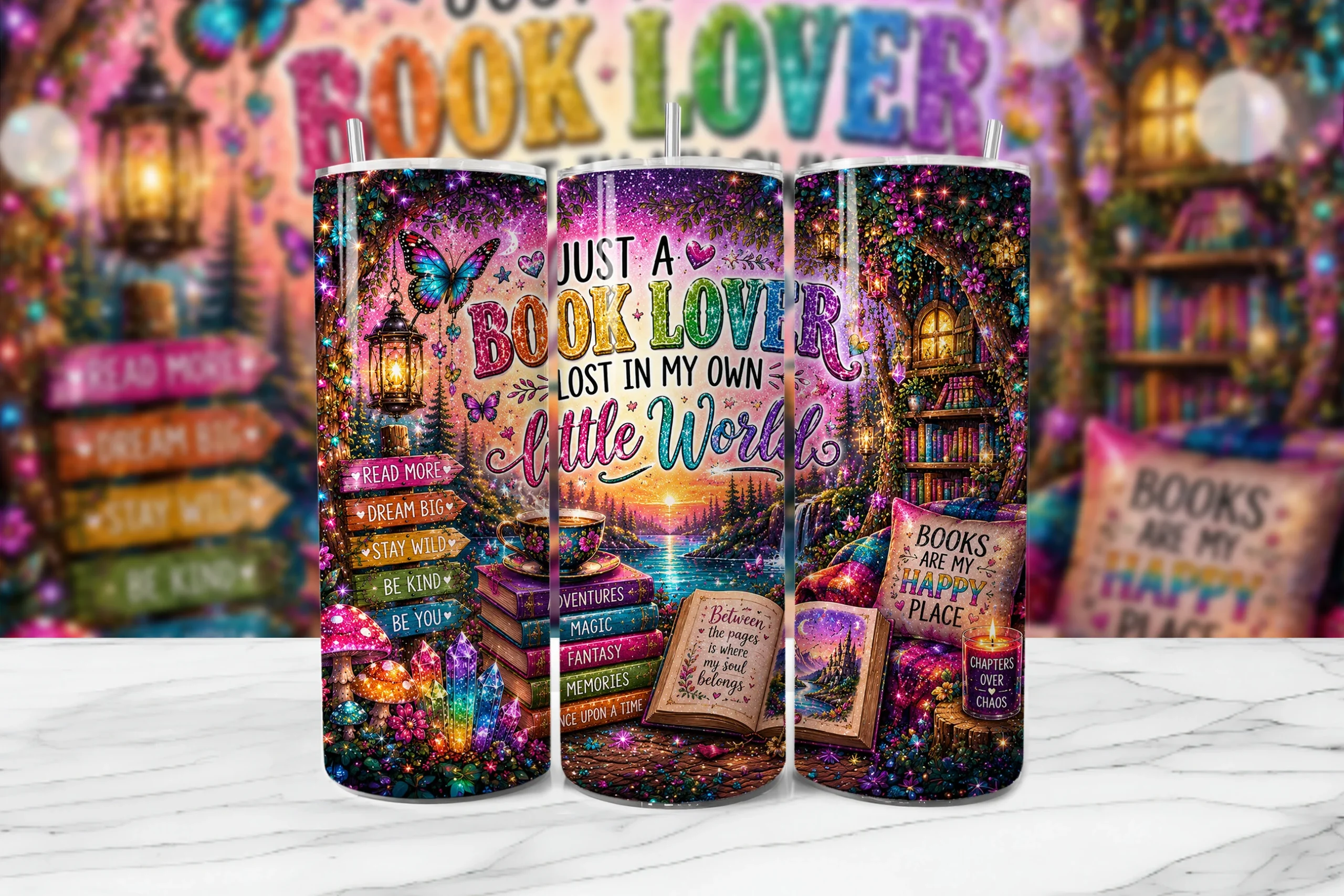 Book Lover Lost in World Tumbler Wrap preview showing sublimation design with composition