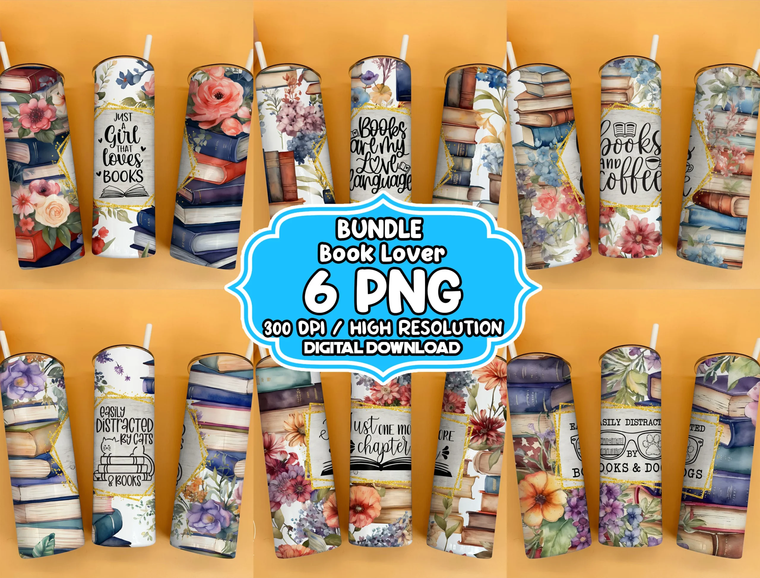 Book Lover Quote 20oz Tumbler Wrap Png featuring books and flowers