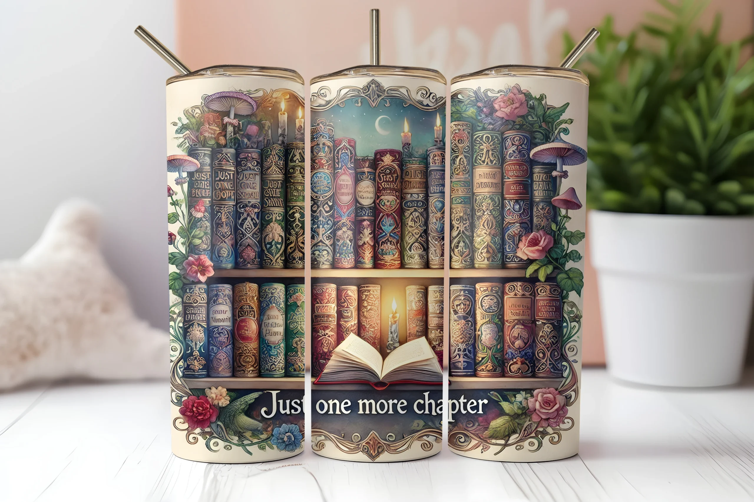 Book Lover REading Tumbler Wrap 20oz featuring bookshelves and open book