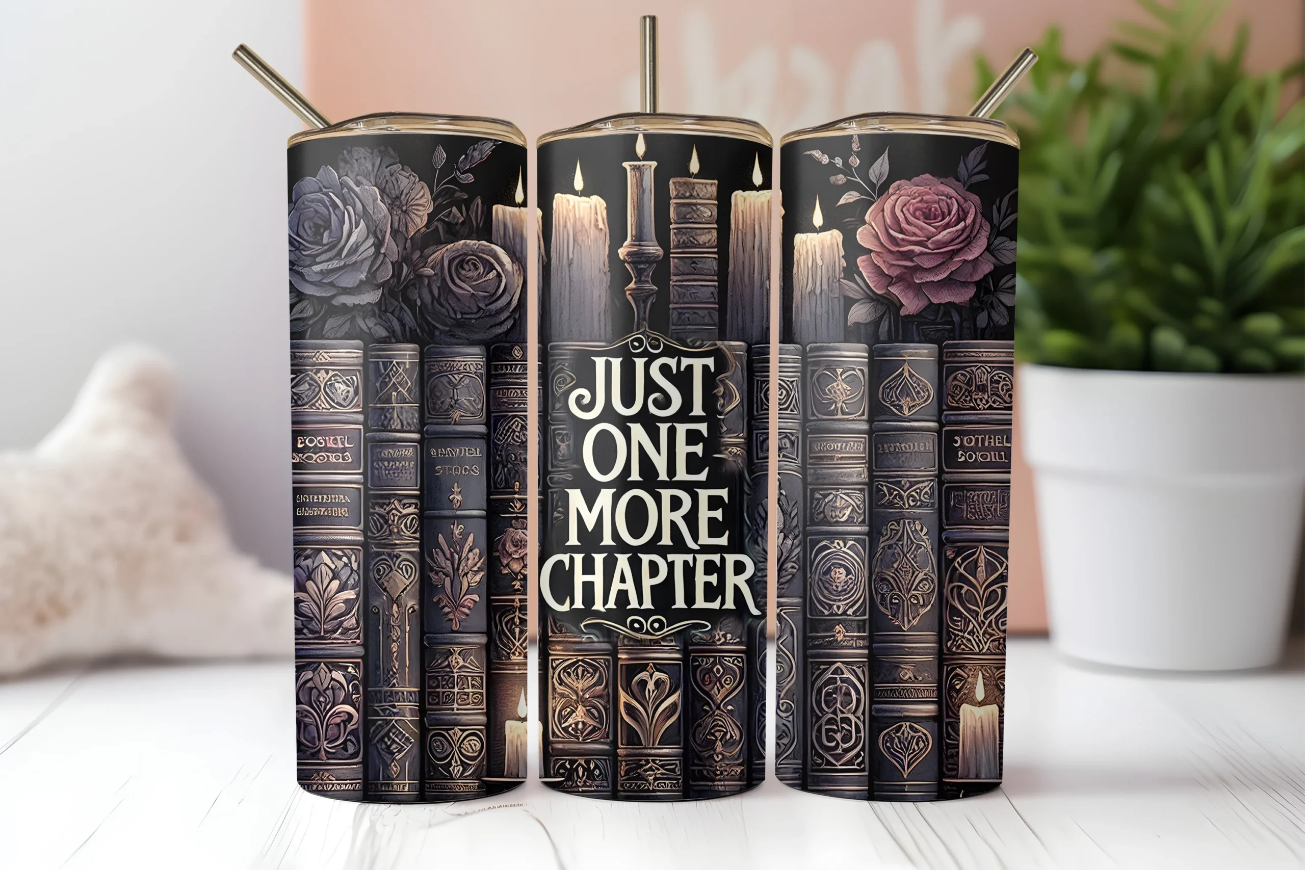 Book Lover Reading Tumbler Wrap 20oz featuring vintage books and candles