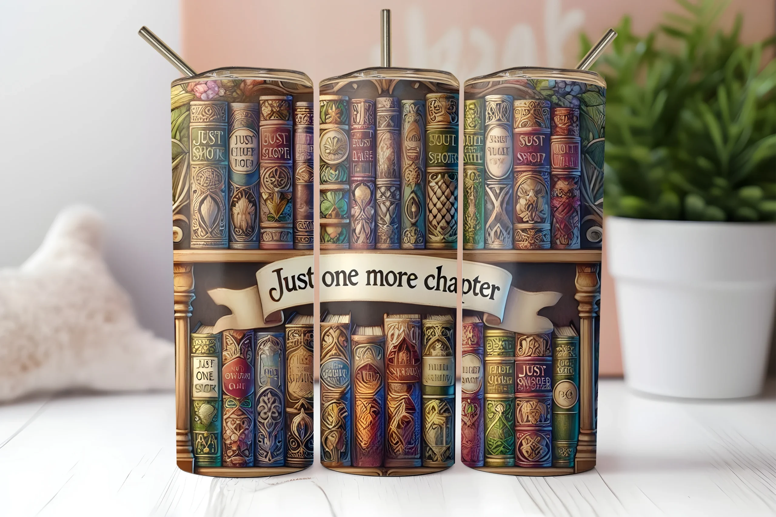 Book Lover REading Tumbler Wrap 20oz featuring bookshelves and antique books